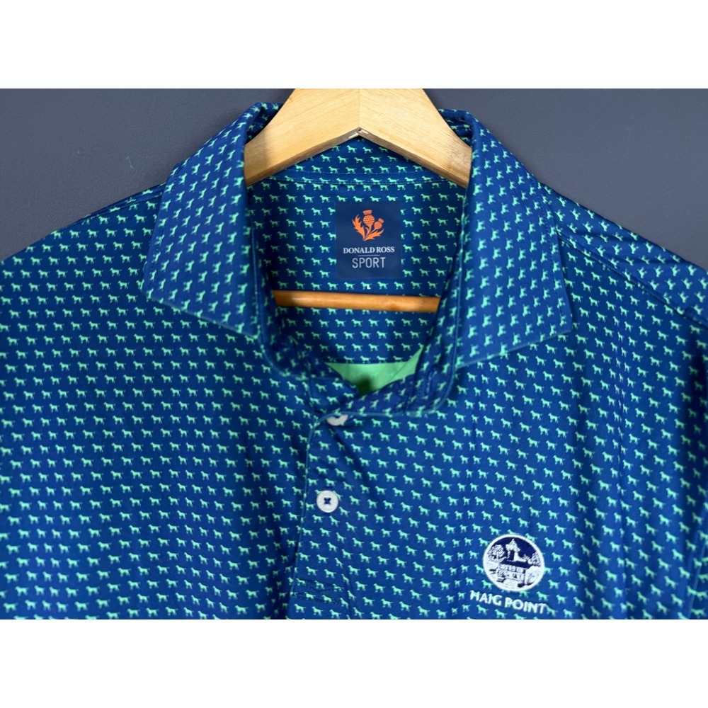 Donald Ross Sport Mens Large Blue Green Dog Print Haig Point Golf Polo Shirt